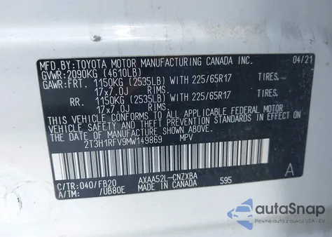2021 Toyota Rav4 Le from USA, damaged, VIN 2T3H1RFV9MW149869